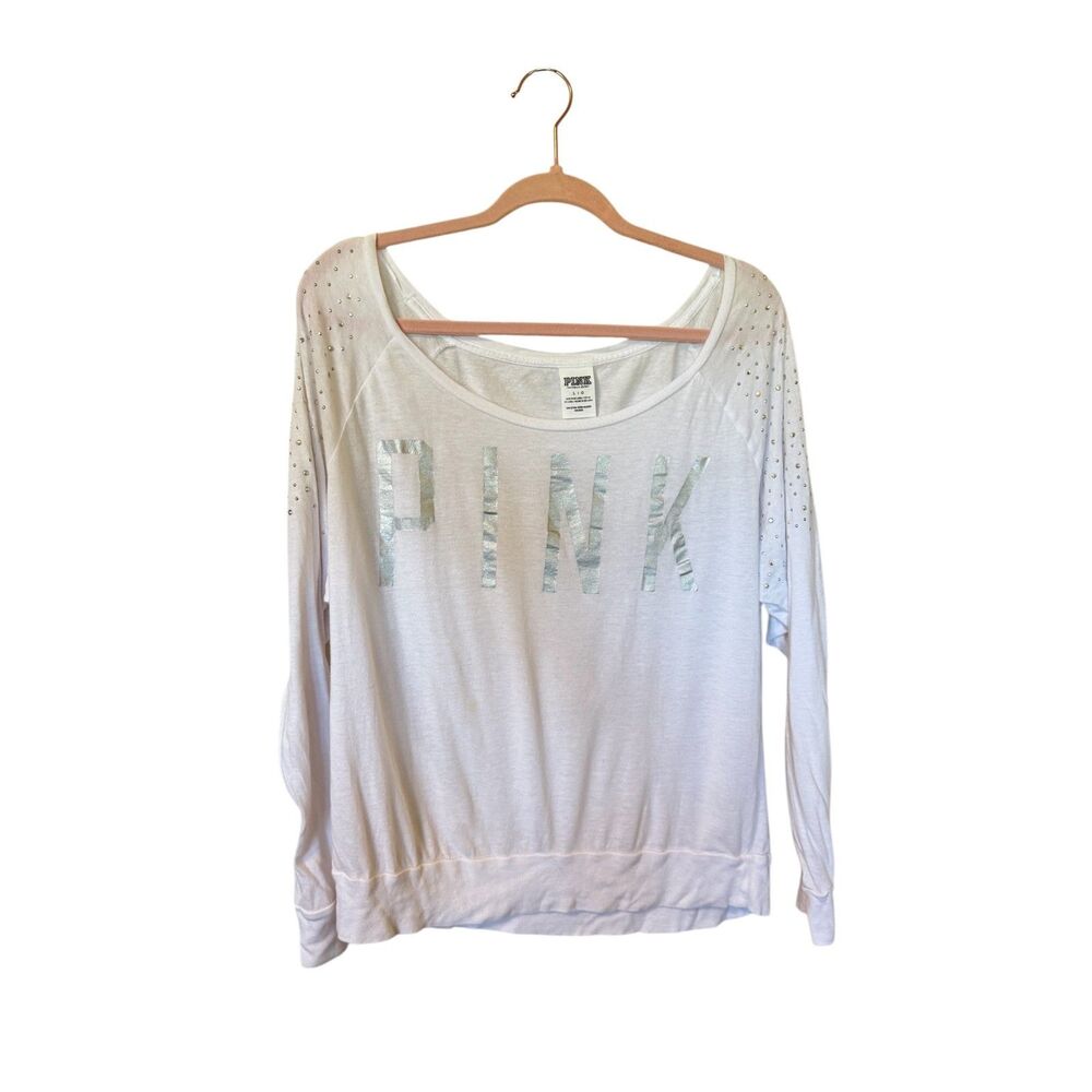 PINK Victoria’s Secret White Shoulder Bling Long Sleeve Shirt Women’s Size Large